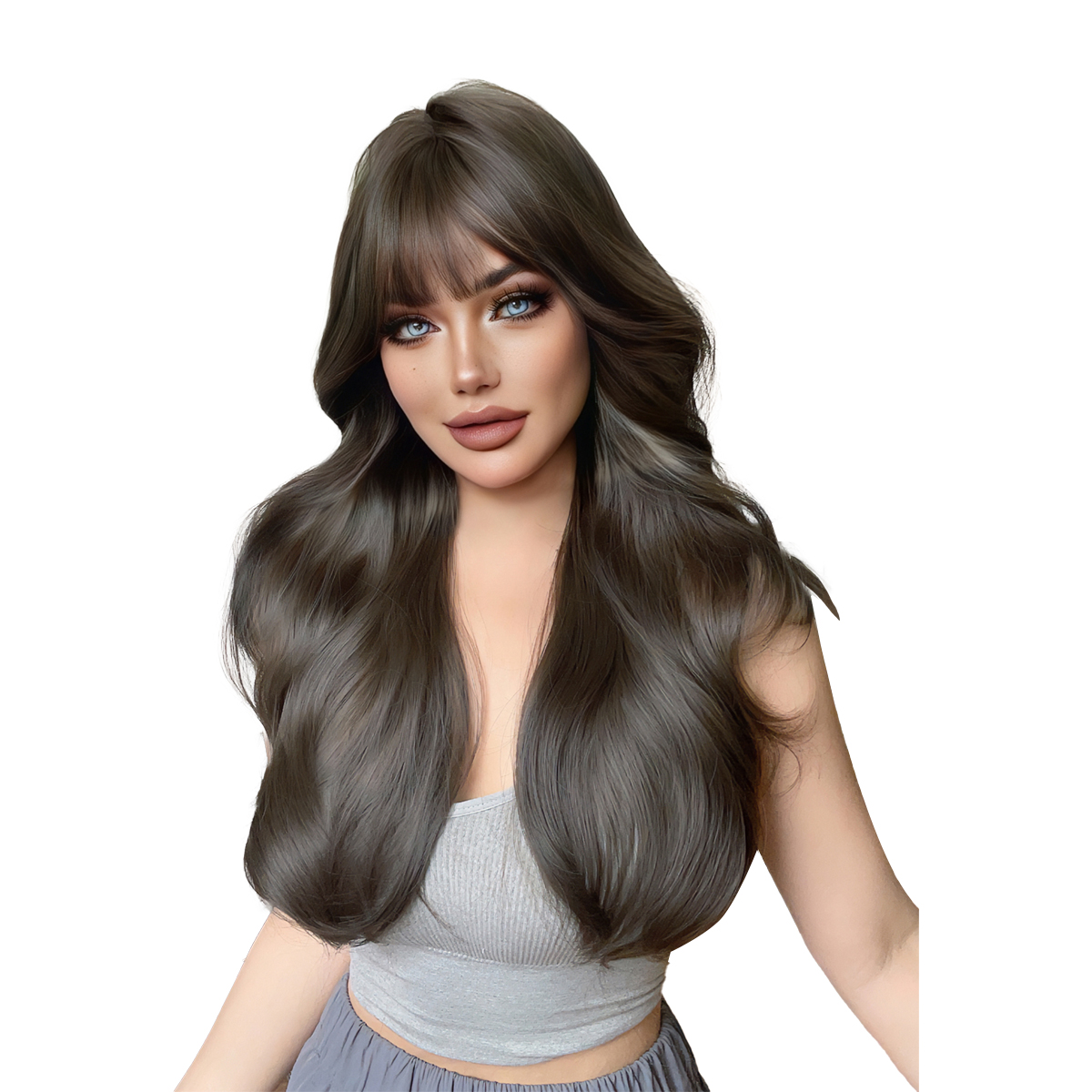 Guangzhou Zhiyouliliang Trading Co., Ltd. 26Inch Cool Brown Color Sexy Style Synthetic Wigs With Bangs Long Natural Wavy Hair Wig for Women Daily Use Heat Resistant