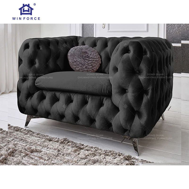 Winforce Wholesale Nordic Velvet Sofa Set Living Room Sofa Chair Set Furniture Fabric Couch Modern Black Chesterfield Sofa Chair