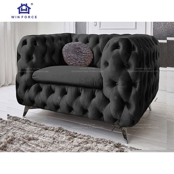 Winforce Wholesale Nordic Velvet Sofa Set Living Room Sofa Chair Set Furniture Fabric Couch Modern Black Chesterfield Sofa Chair