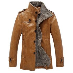 Men's fur integrated leather coat with fleece thickened mid-length jacket