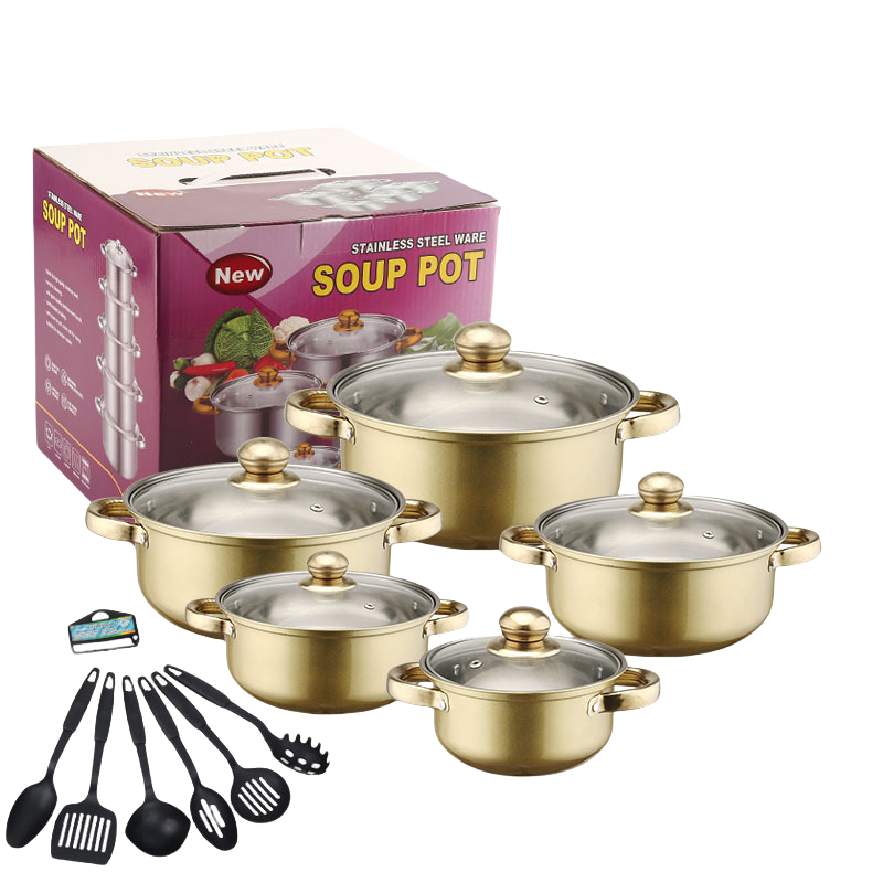 Wholesale kitchen gold coated cooking stockpot indoor stainless steel cookware gift set