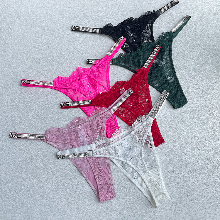 Foshan Yunbozhi Trade Co., Ltd. Sexy Lace Thongs With Rhinestone Letter Decor Women See Through G-string Panties Low Waist T-shape Underpants