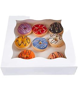 White Paper Board Cardboard Gift Packaging Boxes With Display Window For Pastries Small Cakes Doughnut Pie