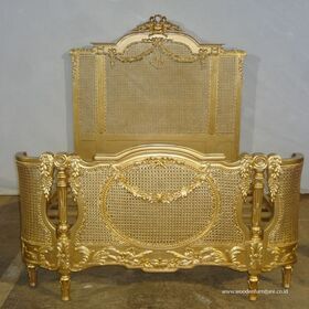 Gold Leaf Bed Frame from Mahogany Wood and Rattan Made in Jepara Indonesia Designed for American Style Bedroom Furniture