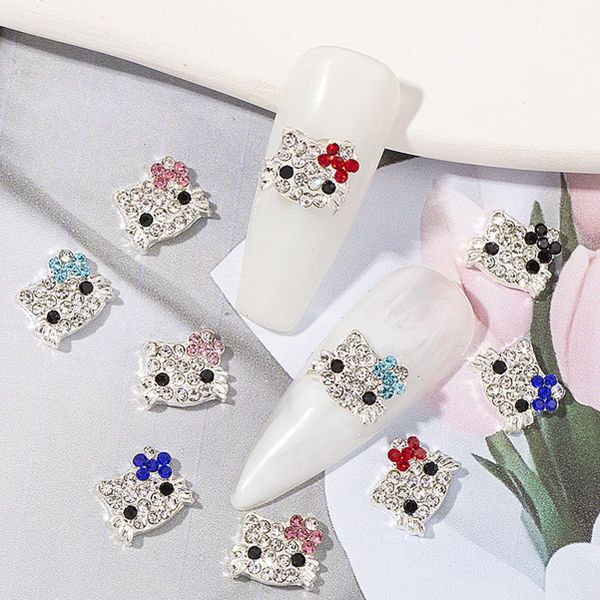 Nail Charms Decoration Silver Nail Charms with Diamond Design Metal Kawaii Nail Charms Accessories 3D Flatback Cat
