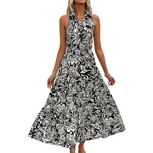 Summer New Comfortable Pattern Bamboo Hemp Dress Hanging Neck Sleeveless High Waist Long Dress