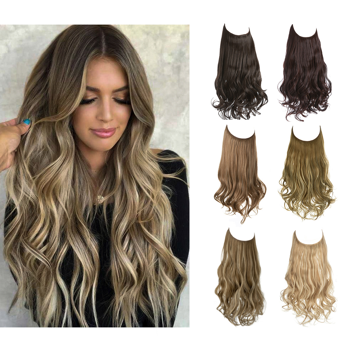 One piece hairstyle with multiple U-shaped hair extensions women's fishline wigs invisible natural long curly hair