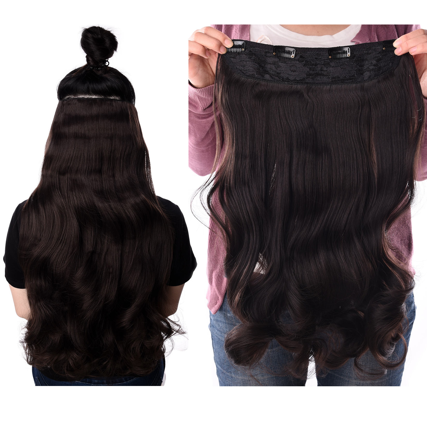 Changge City Linqing Hair Products Factory 190g 24/32 inch Stretched Wavy Clip in Synthetic Hair Extensions Heat Resistant Fiber 4 Clips one Piece 21Colors Available