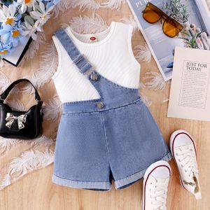 Summer Fashion Children Clothes Solid Color Sleeveless Vest Denim Suspender Shorts 2Pcs Girls Kids Clothing