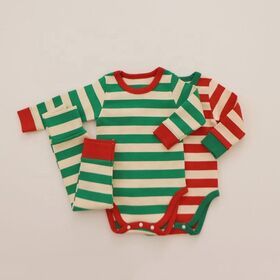Autumn and Winter Boys Girls Christmas Suit Cotton Baby Stripe Romper Long Sleeve Top Pants Set Fashion Baby Christmas Clothes