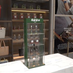 Kainice luxury small shop counter glass acrylic led perfume bottles display box cabinet display shelf case with lock