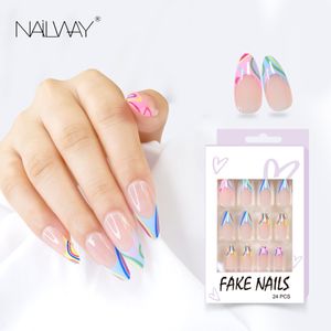 Nailway Wholesale Long Stiletto Pink French Colorful Tip Finger Nails Press On Nails Bulk