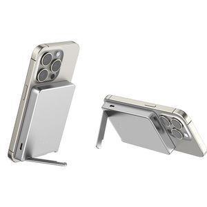 Custom Logo Portable Aluminum Metal Case Magnetic Wireless Phone Power Bank With Foldable Stand