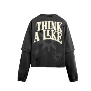 Customized Pattern LOGO Water Washed Hole Two Hoodies Double Layer Long Sleeve Oversized T shirts