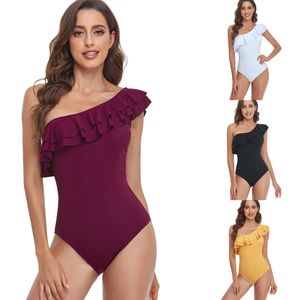 custom swimsuit manufacturers One-Shoulder swimwear women one piece swimsuits fashion Double layer ruffled neck beachwear