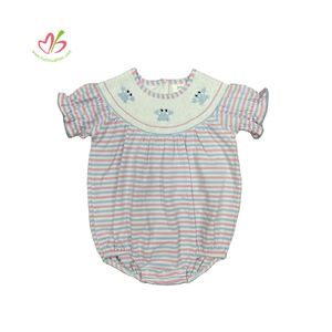 Wholesale Children Smocked Clothes Short Sleeve Romper High Quality Ribbed Boutique Crab Embroidery Baby Girl Bubble Romper
