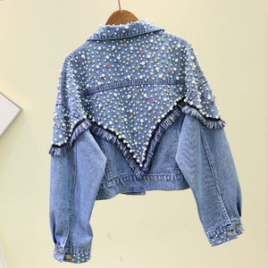 Luxury ladies pearl diamond long sleeve coat women denim jacket with bead