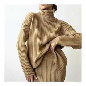 WholesaNew Design Winter new fashion custom knitted women's warm turtleneck pullover knitted midi skirt suit women's skirt sweater