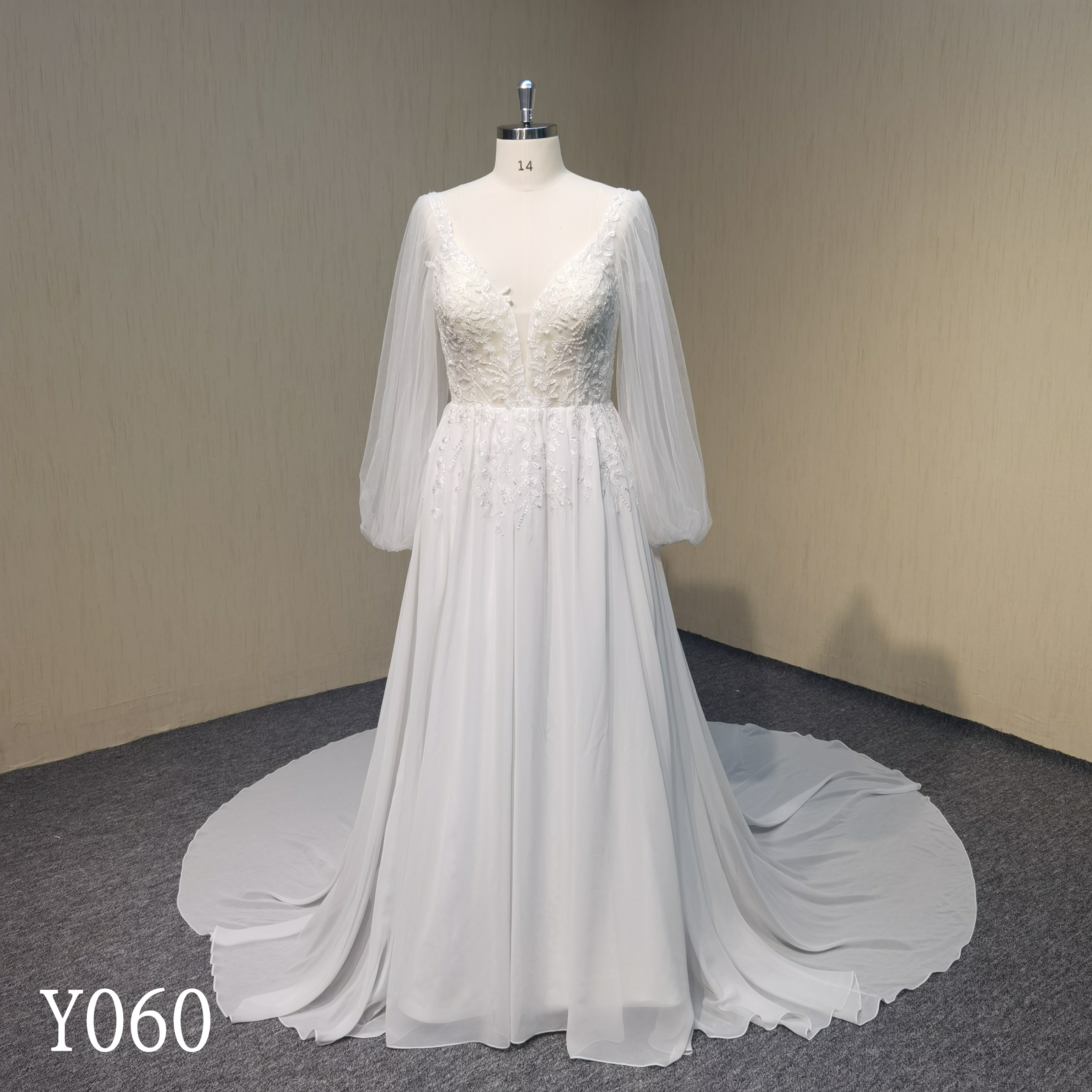 Elegant Long Sleeve V-neck Ball Gown Hand Made Bridal Dress for woman