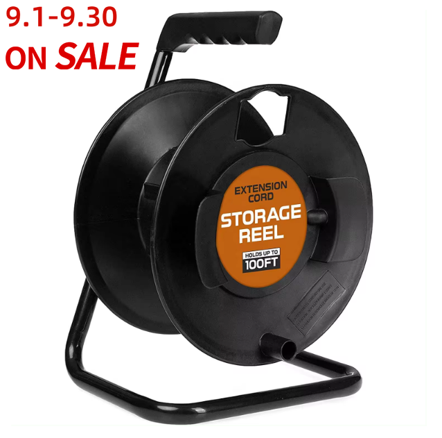 Black Portable Cable Reel Holds Up to 100 Ft of Electrical Cord, Hose, or Rope Extension Cord Storage Reel with Metal Stand