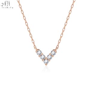 New Simple Elegant Fine Jewelry Letter V Pendant 18K Solid Rose Gold Real Natural Diamond Necklace For Women