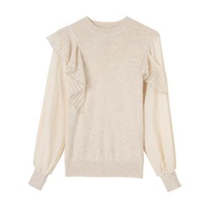 Custom Autumn Winter New Style Knitted Pullover Women Body Sweater Patchwork Chiffon Sleeve Fashion Joint Knitwear Woolen