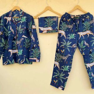 Radhika Hand Block Blue Jungle Print Women's Night Dress 100% Cotton Pajamas Set With Shorts Comfortable To Sleep Set Of 3 Pic