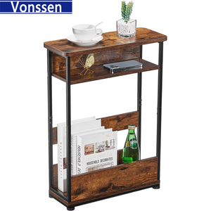 Narrow Side Table ShelfSlim Sofa Narrow Bedside Table Small Nightstand With Magazine Rack Space Saving Brown
