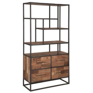 Vintage Industrial Furniture Antique Handmade Traditional Book Case with 4 Drawers Iron Metal Wood Living Room School Bedroom