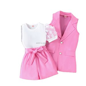 Girls summer new mesh puffy sleeve top + shorts + waistcoat suit jacket  simple suit design for girls kid's clothing wholesale
