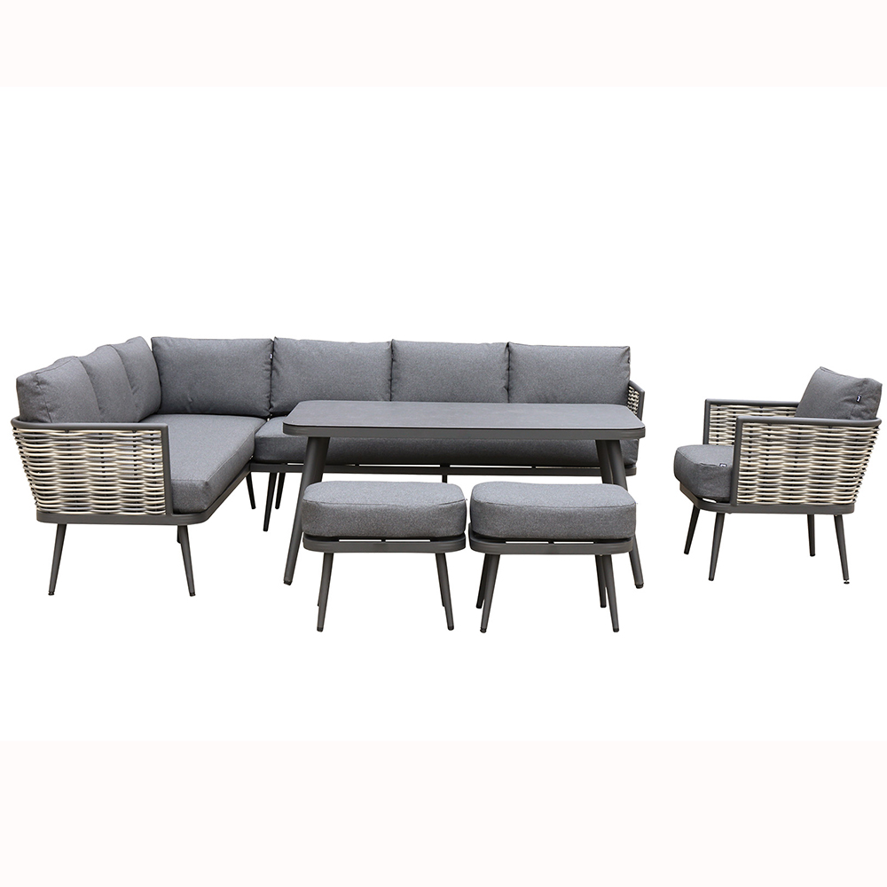 AJUNION Handwoven Rattan Furniture Aluminum Garden Set L Shape Corner Sofa Patio Set Outdoor Furniture with Rectangular Table