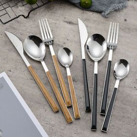 Reusable Wooden Handle Stainless Steel Retro wood grain cutlery set With ABS Plastic Handle