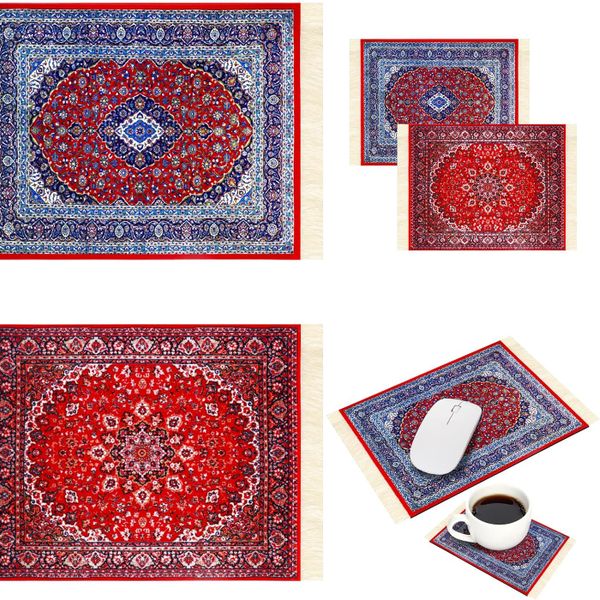 Hushee 4pcs Vintage Mini Carpet Mouse Pad and Oriental Coasters Funny Mousepad Floral Persian Rug Style Desk Mat Coasters Gift f