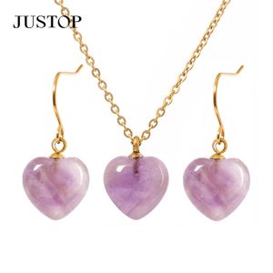 Ladies Fashionable Gold Plated Heart Natural Gemstone Stainless steel crystal Necklace Earring Jewelry Set for Women and girls