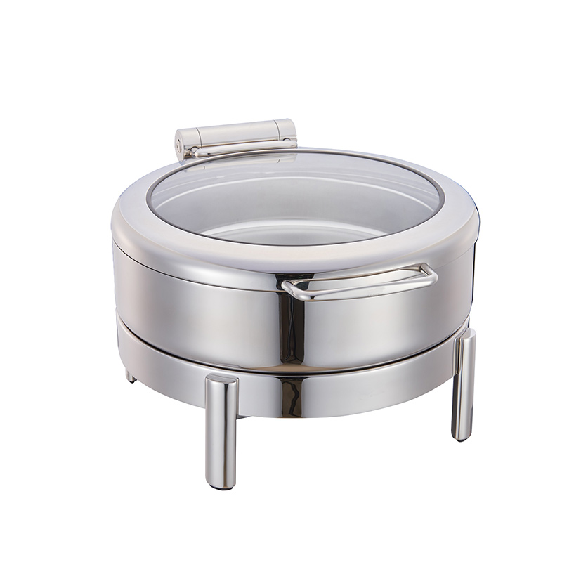 Wholesale kitchen restaurant equipment stainless steel round buffet soup pot with glass lid 6L roll top chaffing dishes