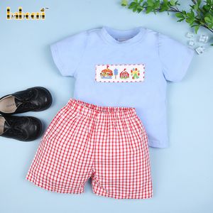 Amusement park smocked blue red check little boy short set ODM wholesale smocked children clothing boys clothing sets - BB2007