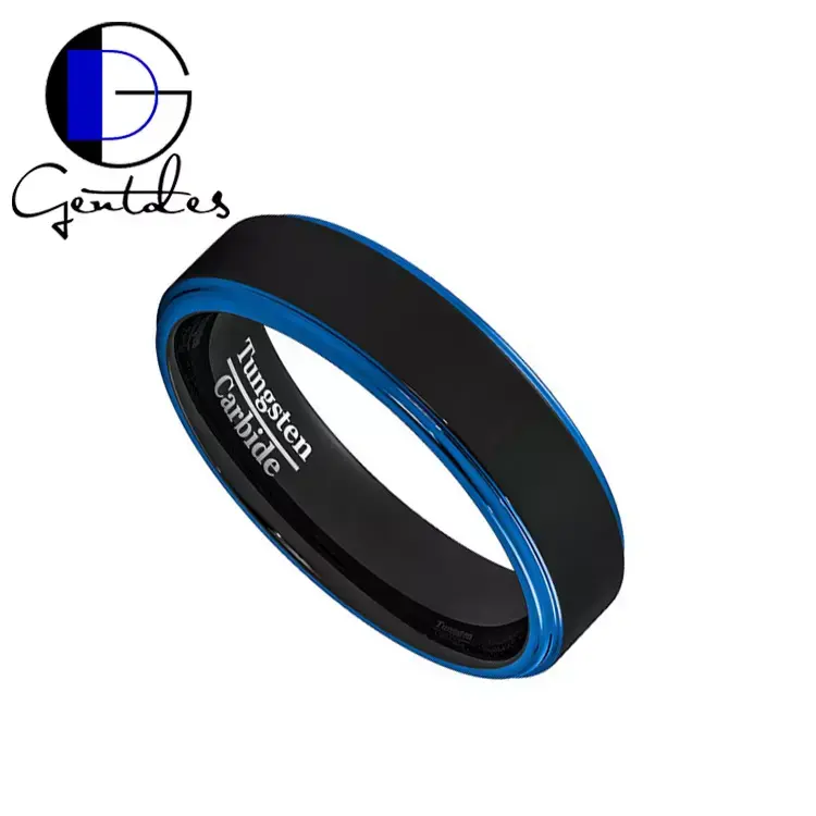 Gentdes Jewelry Customized 6mm Engraved Edge Black Blue Tungsten Carbide Rings Personalize Wedding Band Rings For Men Jewelry
