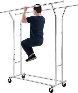 CL074M Clothing Garment Rack Commercial Grade Clothes Stand Rack with Top Rod Coat stand Adjustable folding roller hanger