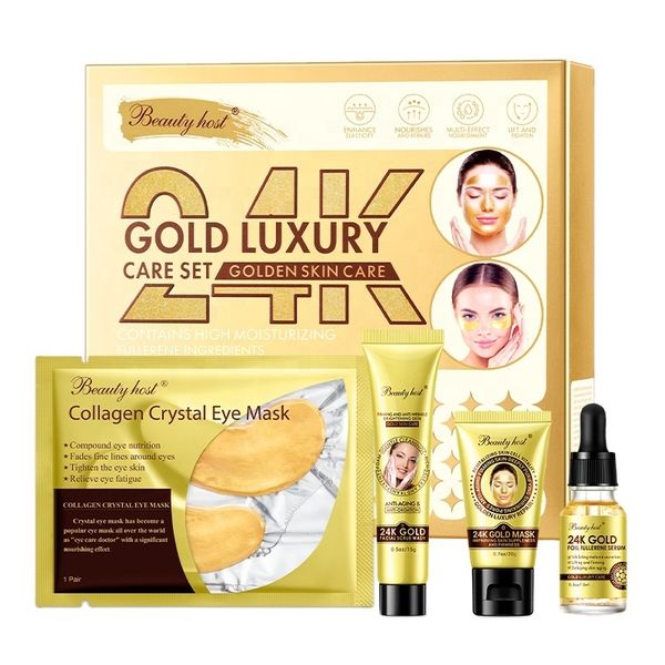 Wholesales Anti Ageing 24K Gold Skin Care Set Gold Face Cleanser Collagen Eye Patch Serum Peel Off Mask Travel Kit