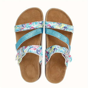 High Quality Custom Logo Cork Sole Slippers Retro Floral Print Plus Size Cork Sandals for Women Summer Flip-flop Beach Flat Shoe