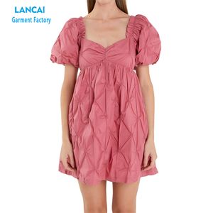 Customized women's red dress square v neck short cap sleeves embroidery pattern polyester cotton fabric clothing
