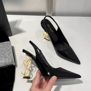 High-end custom fashion sandals with heels Metal lettering stilettos sexy pointy back empty patent leather women's shoes
