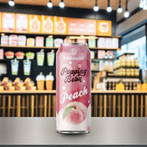 Custom Designed Sparkling Water in Pop Can with Peach Flavor Tapioca Ball & Round/Cube Patterns for Bubble Tea Ingredients
