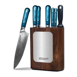 QXF 7 Pcs High End 67 Layer Damascus Steel Kitchen Knife Set Full Tang Pakkawood Handle Chef Knife Set with Wooden Knife Stand