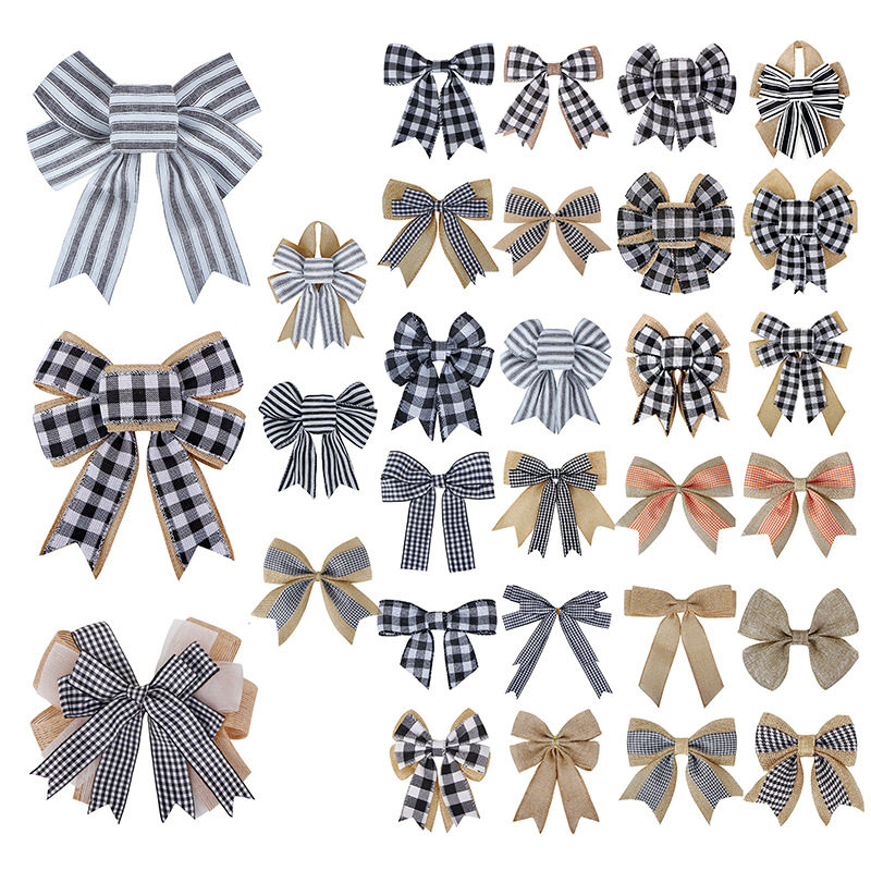 Yiwu Shenghui Crafts Co., Ltd. Christmas bow imitation linen ribbon black and white plaid handmade house number garland bow pendant wholesale