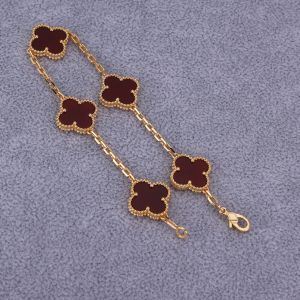 925 Sterling Silver Fashion Fine Jewelry Women's Red Onyx Four Leaf Clover Bracelet 18K Gold Plated Bangle Party Gift Wholesale