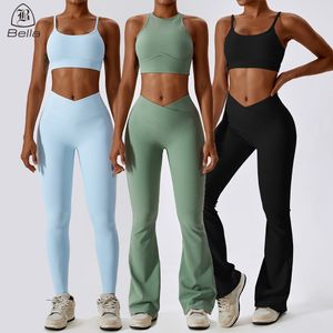 Custom Sportswear Manufacture Cross Straps Sports Bra Women Workout Clothes Tummy Control Flare Yoga Pants Fitness Set
