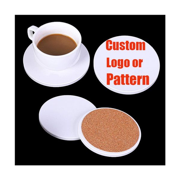 custom design Logo printed blank white plain absorbent 10cm round ceramic tile coasters bulk with cork back