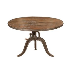 Traditional Wooden Top Round Shape Designer Cast Iron Industrial Adjustable Round Dining Table Restaurant and Home Furniture