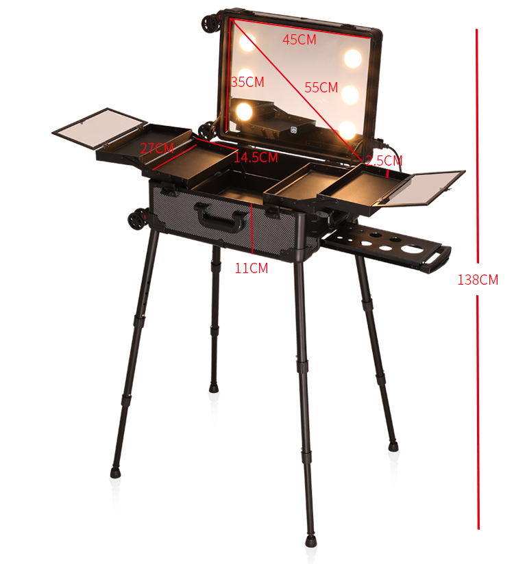 Foshan City Nanhai Distric Meiliya Luggage Factory makeup box large capacity led lighting trolley case professional cosmetic rolling makeup vanity studio with adjustable stands